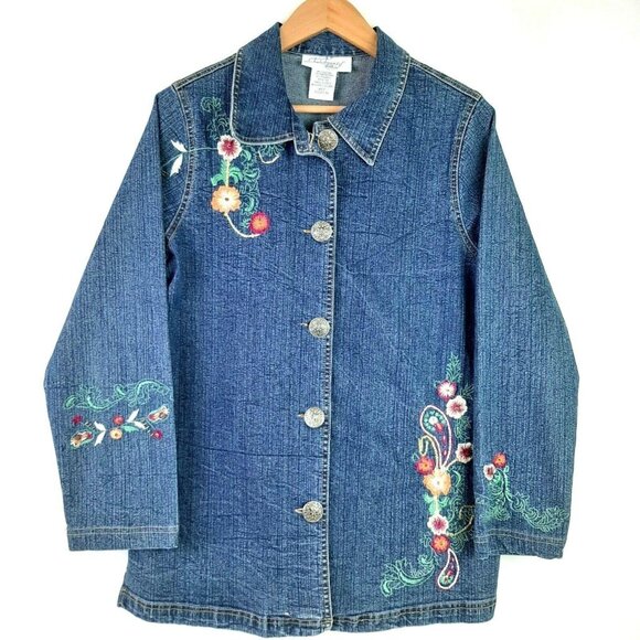 Vintage Blair Two Twenty Collection Long Blue Jean Jacket Embroidered Denim M - Picture 1 of 11